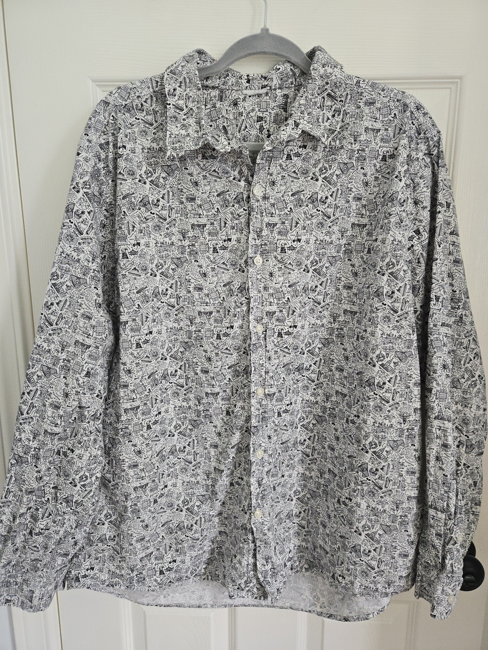 Men's Disneyland Black & White Long-Sleeve Button-Up Shirt With Ride Drawings